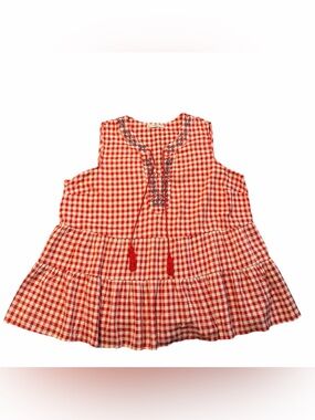 Sleeveless Red Gingham Tunic Top with Tassel Detail